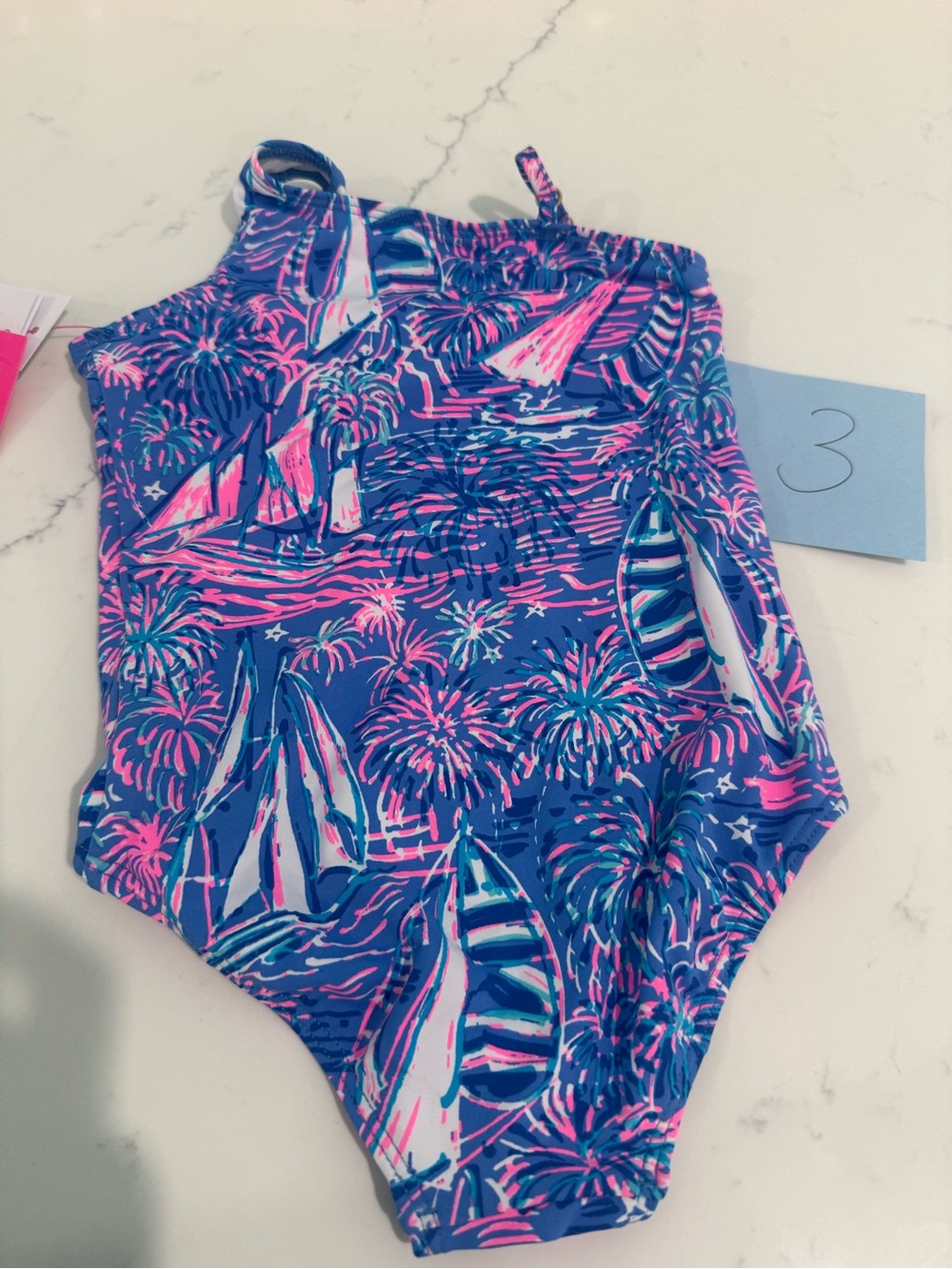 Lilly Pulitzer Size 3 NWT Kids One-Piece Swimsuit Blue Pink Sailboat Print